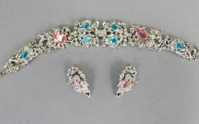 Vintage Trifari Pink Blue Rhinestone Bracelet Clipon Earrings Set