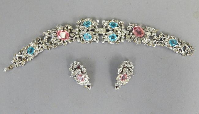 Vintage Trifari Pink Blue Rhinestone Bracelet Clipon Earrings Set